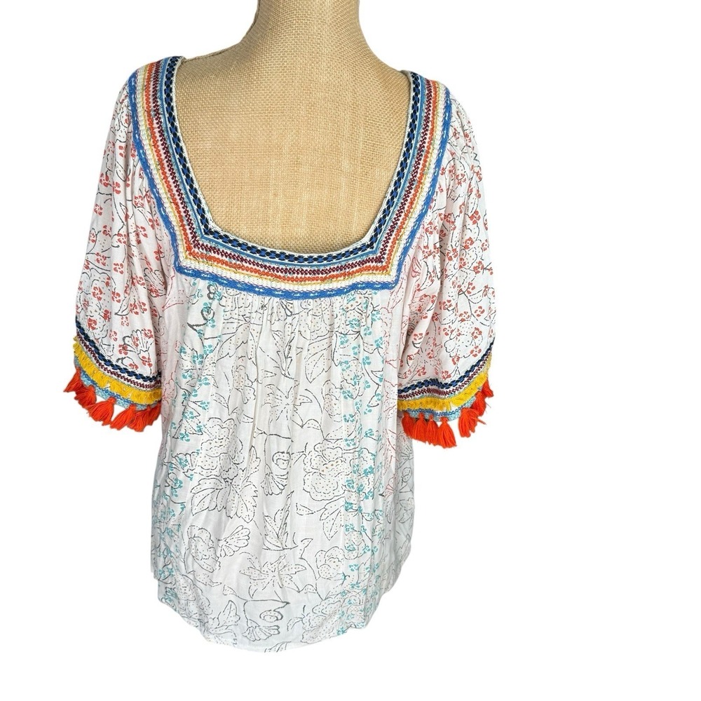 Embroidered‎ Tassel Square Neck Boho Blouse Bohemian Festival Artistic Medium - Picture 6 of 10